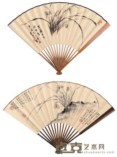 白蕉 1948年作 兰花（两把） 成扇 17.8×46.4cm×2